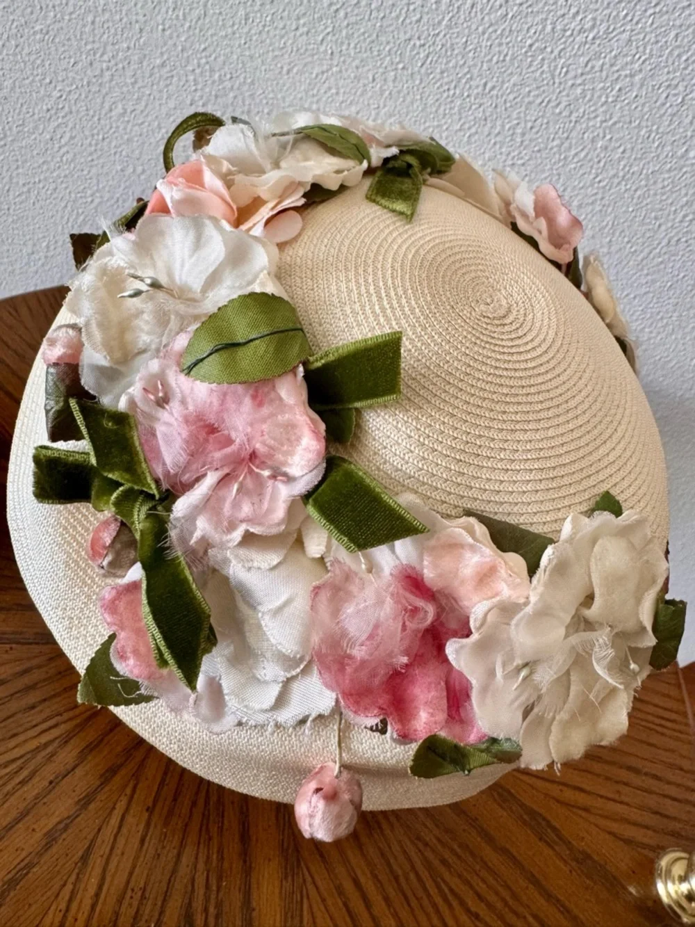 Vintage 1950s Cream millinery Hat with Pink and Green Flowers and Velvet Bow